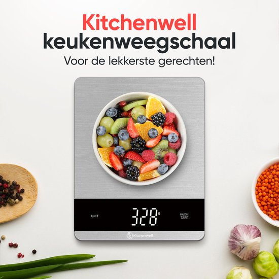 Kitchenwell Digitale Präzisions-Küchenwaage - Küchenwaage - 5gr - 10kg - Tara-Funktion - Grau