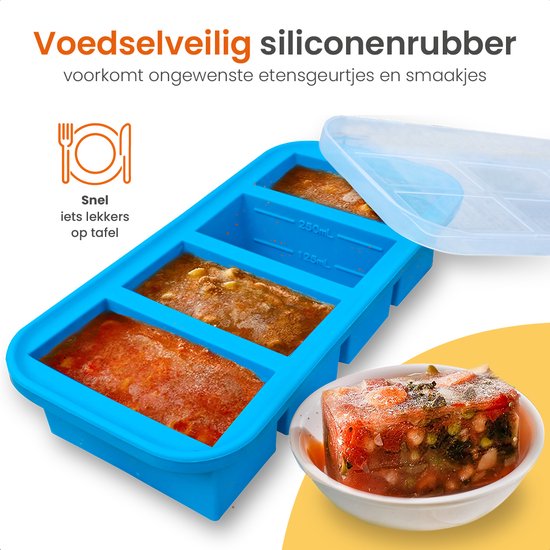 Goliving 4 in 1 Gefrierbehälter - Frischebehälter - 4 x 250ml - Behälter für die Zubereitung von Mahlzeiten - Silikonbehälter mit Deckel - Aufbewahrungsbox für Babynahrung - Gefrierschrank und Mikrowelle - Blau