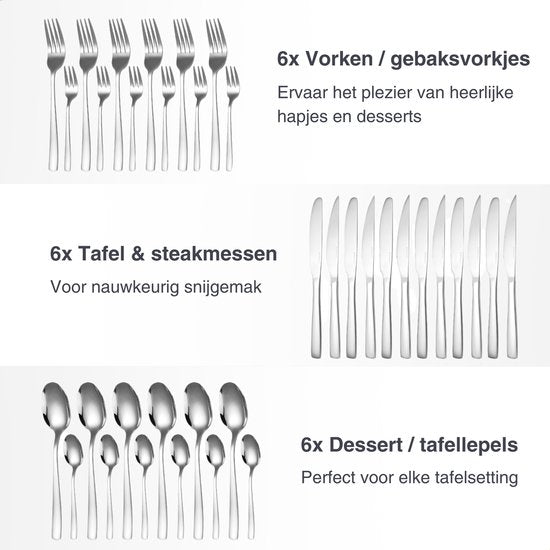 Deleca 6 Personen Besteckset Essential (36 Teile) - Löffel, Messer, Gabeln, Steakmesser & Kuchengabeln - Spülmaschinenfestes Besteck - Glänzend Silber / Edelstahl