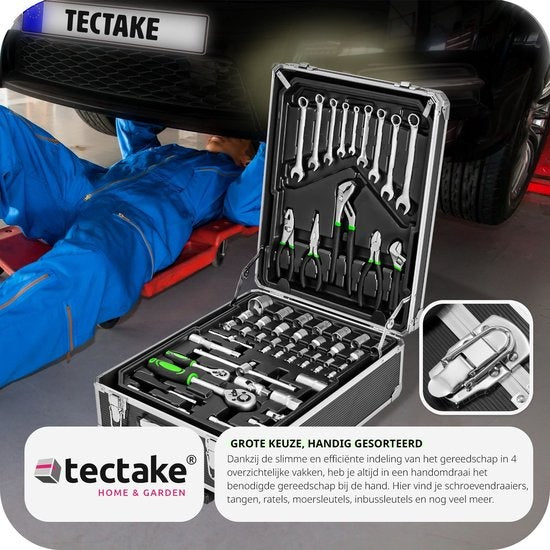tectake Werkzeugkoffer, Werkzeugset, Werkzeugkoffer gefüllt 1200-teilig, Werkzeugwagen, 4-Ebenen-Werkzeugkoffer, Aluminiumkoffer mit Rollen und Teleskopgriff - schwarz