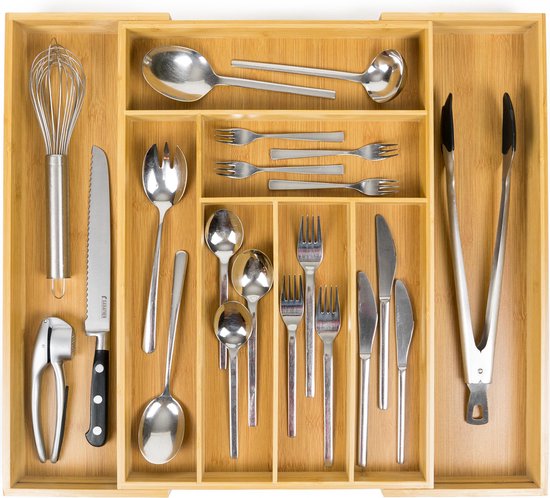 Budu - Erweiterbare Bamboo Besteckkassette - Besteckschublade - 50 x 34.1 x 56 cm - 6/8 Fächer - Holz