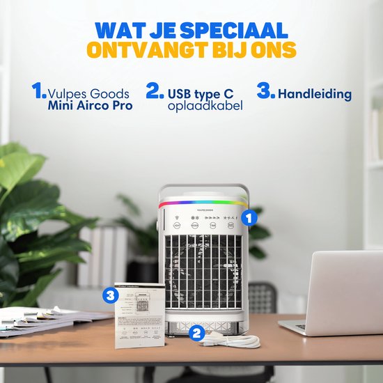 Vulpes Goods® Tech Mini Airco PRO Mobiles Klimagerät - Luftkühler 4in1 - Tischventilator - 4 Windgeschwindigkeiten - 2 Befeuchtungsmodi - Timer - Auslaufsicher - Weiß