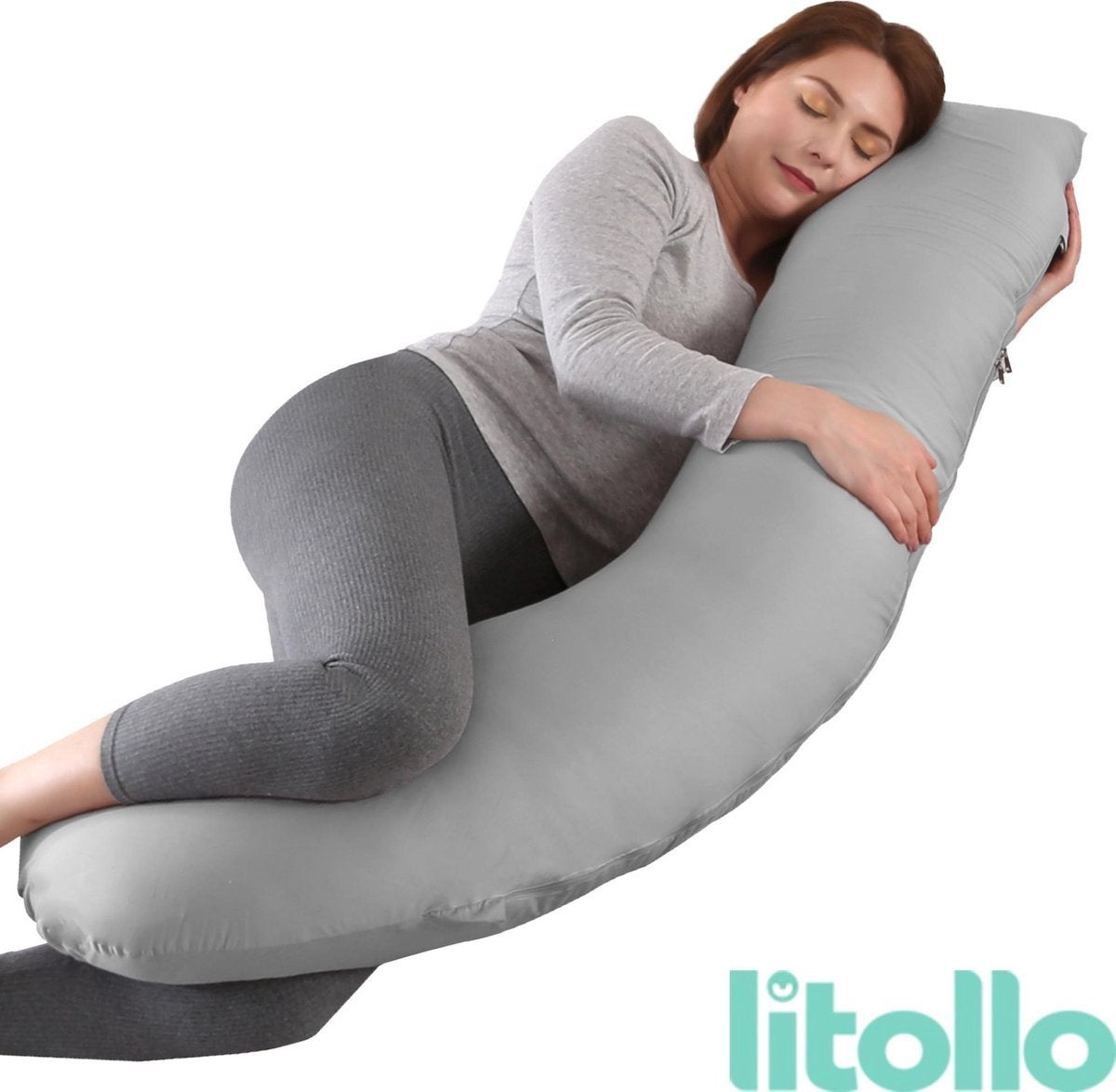 Litollo® Schwangerschaftskissen (J-förmig) - Umstandskissen - Stillkissen - Körperkissen - 145cm - Abnehmbarer Bezug - Grau