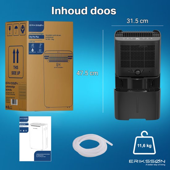 Erikssøn Luftentfeuchter Dry Pro Plus - Entfeuchtet bis zu 20 Liter pro Tag - Waschtrockenfunktion - Geeignet für Haus, Schlafzimmer, Badezimmer, Wohnzimmer und Keller - Luftentfeuchter - Schwarz
