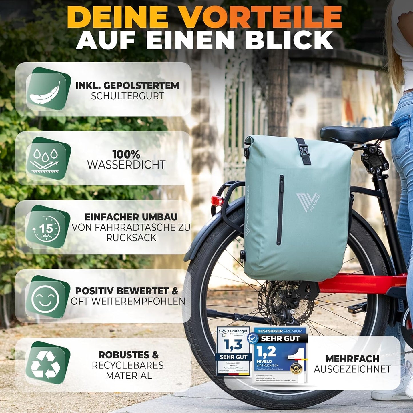 MIVELO 3-in-1 wasserdichte Fahrradtasche mit Laptopfach - PVC-frei - Mint - 20 L