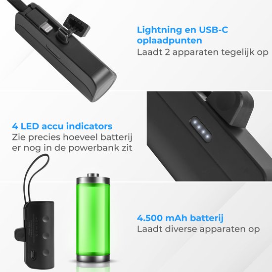 Nuvance - Mini Powerbank 4500 mAh - Powerbanks USB C - Externe Akku Powerbank - Kleine & kompakte Powerbank - für Smartphone & Tablet - Geeignet für Lightning - Schnellladegerät - Taschenmodell