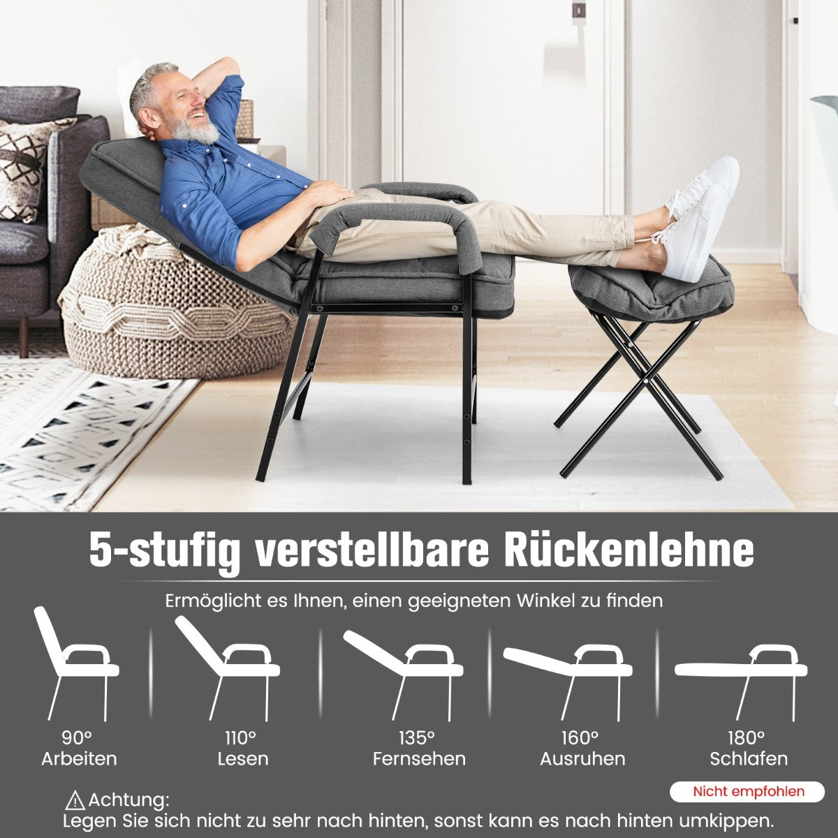 Coast AkzentStuHl + Ottomane aus Leinenstoff mit verstellbarer Rückenlehne und Metallgestell grau