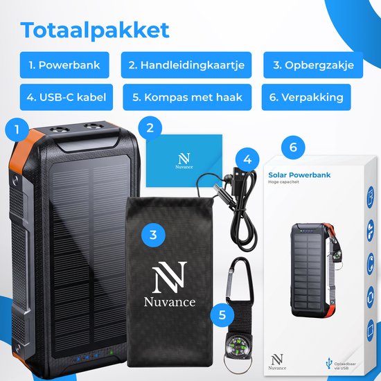 Nuvance Solar-Powerbank 20.000 mAh – 22,5-W-Schnellladegerät – USB-C & USB-A – 4 integrierte Kabel – kabellose Powerbank 15 W – Notfallpaket – Solar-Powerbank