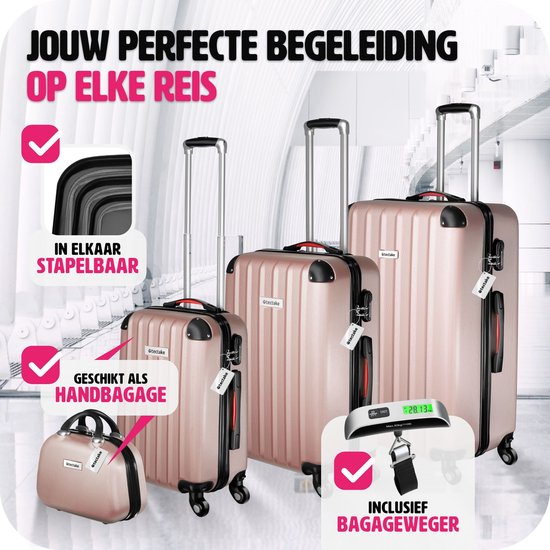 tectake - 4-teiliges Reisekofferset inklusive Koffertrolley und Gepäckwaage, 360° Rollen, Hartschalenkoffer mit Zahlenschloss, großer Koffer, stapelbar, Trolley Handgepäck - rosegold
