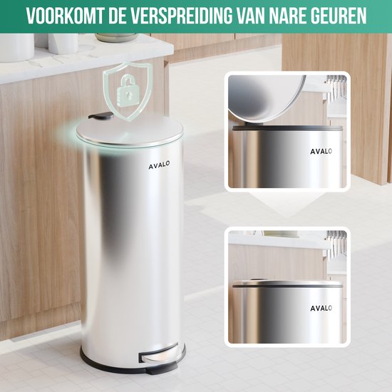Avalo Tret-Abfalleimer 30L - Edelstahl Silber - Soft Close - Tret-Abfalleimer 30 Liter - Mülleimer 30 Liter