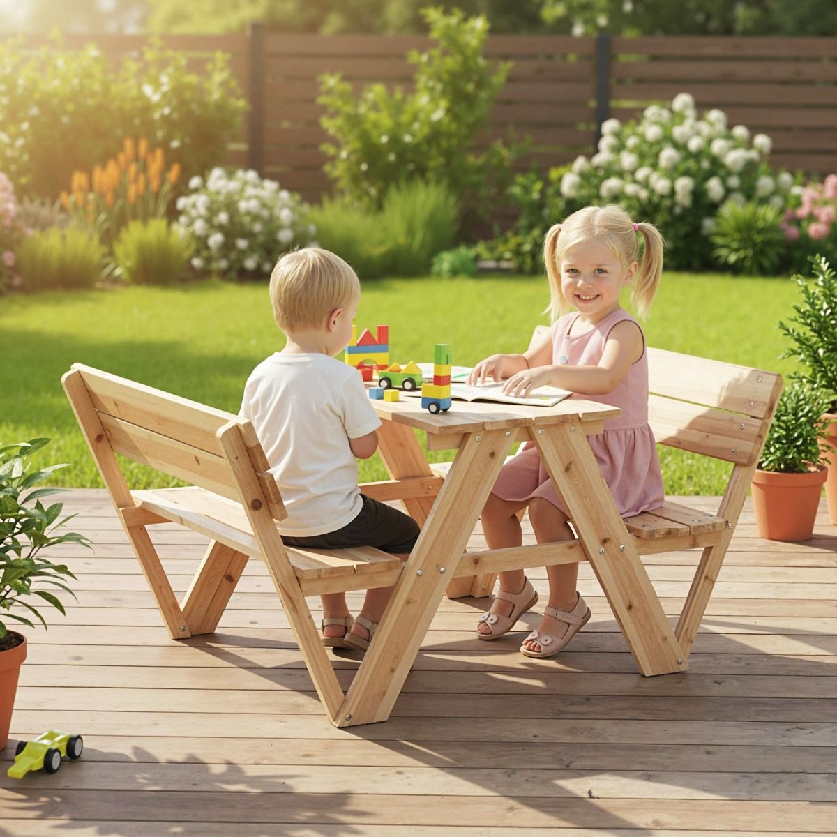 Coast Kinderpicknicktisch – Kleinkindertisch und Sitzbank-Set aus Holz – mit Rückenlehne – naturfarben