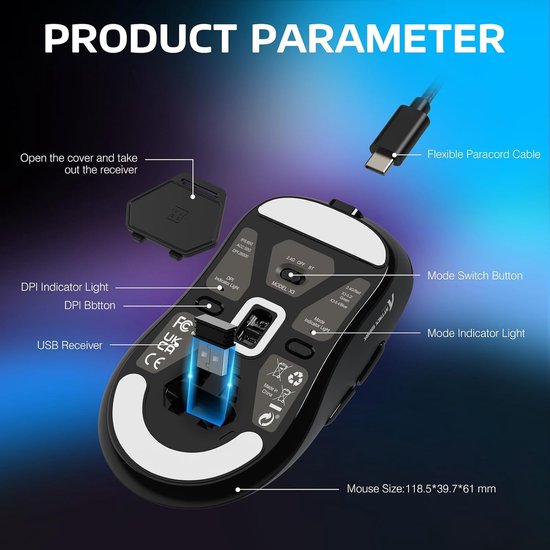 ATTACK SHARK Kabellose Gaming-Maus – Kabelgebunden/2,4 GHz/BT 5.4 – Leichtgewicht 49 g – PAW3395 – 26.000 DPI – Schwarz