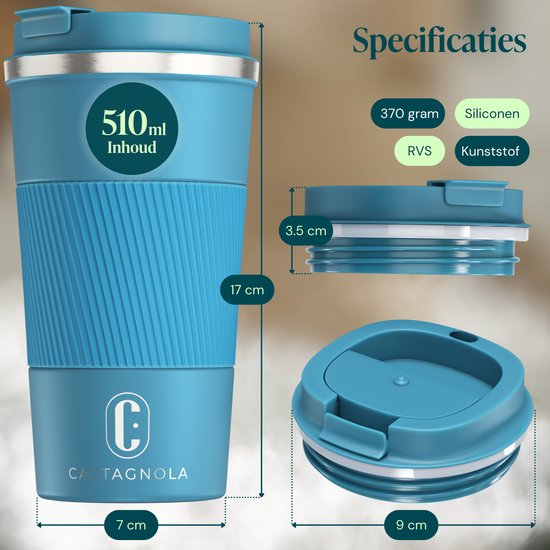 Castagnola Thermosbecher – Kaffeebecher zum Mitnehmen – Reisebecher für Kaffee und Tee – Teebecher – 510 ml – Edelstahl – Blau