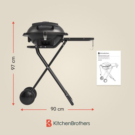 KitchenBrothers - Elektrogrill mit Rädern - Klappbar - Antihaftbeschichtung - Beistelltisch - Bis zu 250°C - 2400W - Schwarz