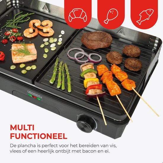 Bourgini Plancha Pure for 8 - Keramikbeschichtet (PFAS-frei) - Elektrisch - Gesundes Grillen - Backblech - Griddleplatte - Drehbare Grillplatte gerippt und flach