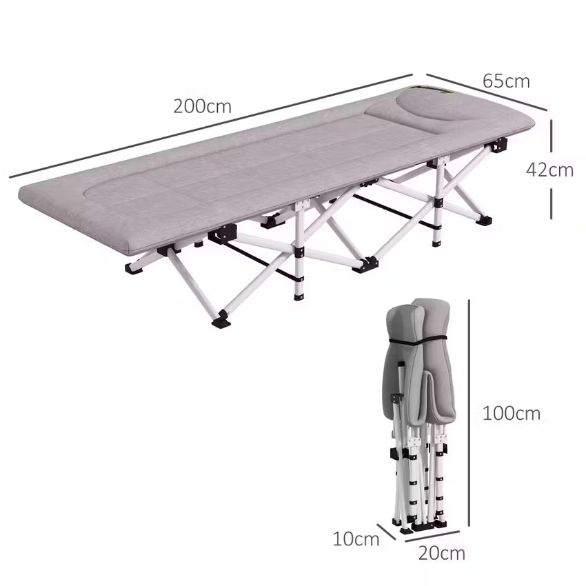 Outsunny Campingbett faltbar - 200 kg Belastbarkeit, inkl. Matratze, Kissen & Organizer - Grau, 200 x 65 x 42 cm