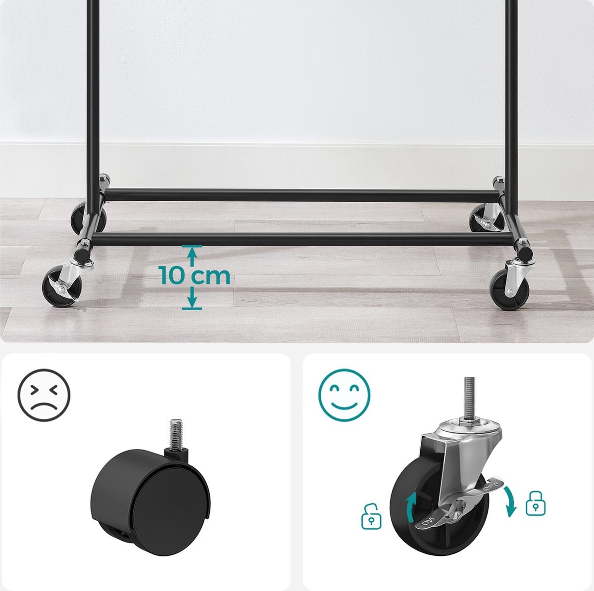 O'DADDY® Kleiderständer auf Rädern - Kleiderständer schwarz bis 90kg - ausziehbare Kleiderstange