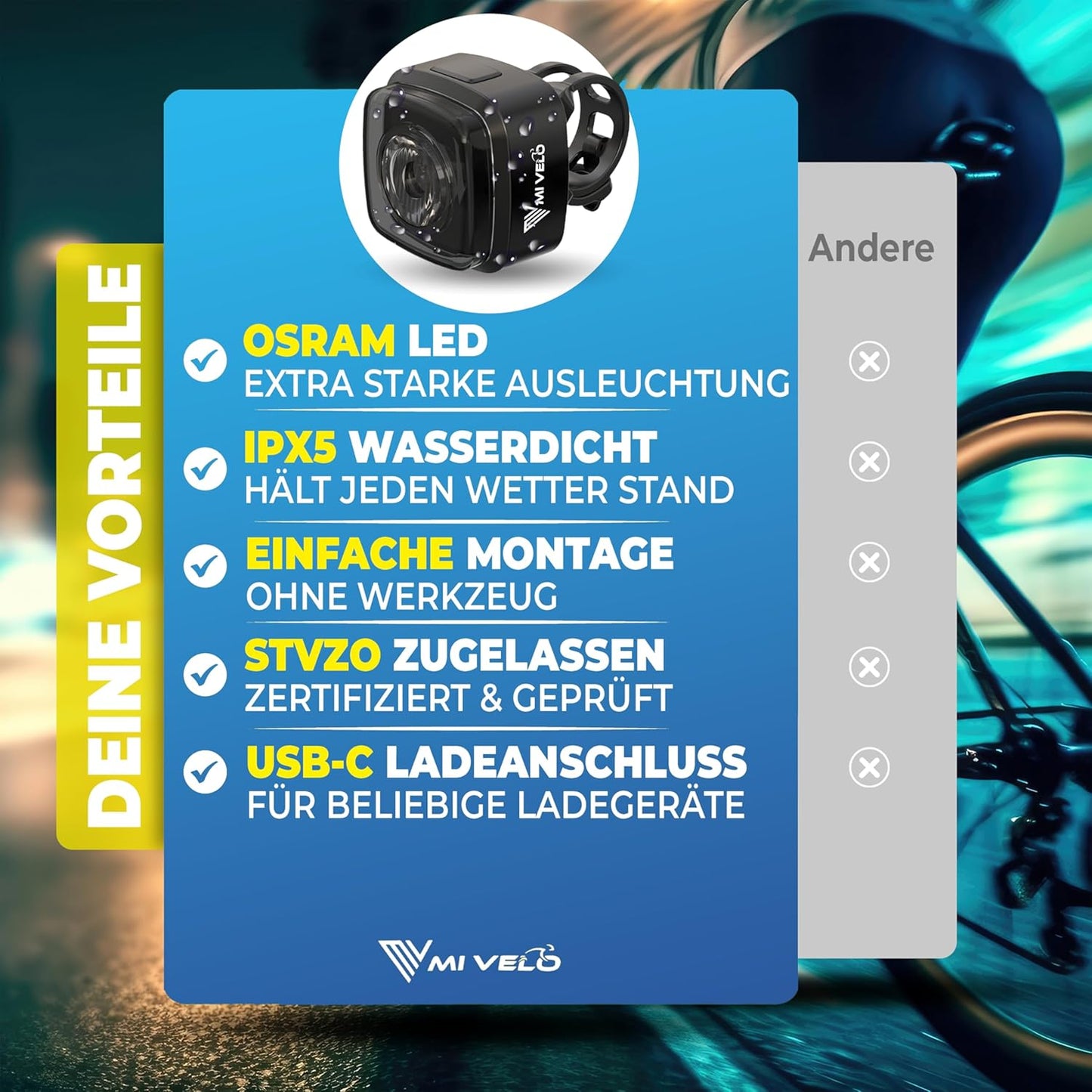 Mivelo Fahrradlicht-Set - LED Vorder- und Rücklicht - USB aufladbar - wasserdicht
