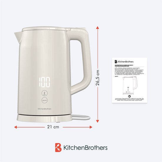 KitchenBrothers Wasserkocher - 1.7L - Mit Temperaturregelung - Elektrisch - Warmhaltefunktion - Display - Doppelwandig - Cool-touch - 2200W - Beige
