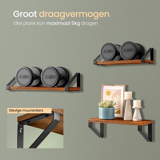 O'DADDY® Schweberegale - Wandregal - Vintage Design - Wandregal - Holzregale für die Wand - Bücherregal - Wandregale & Racks - 3 Stück - Braunes Holz - Schwarzes Metall