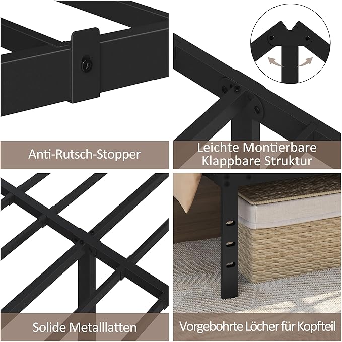 Yaheetech Metall-Bettgestell 160 x 200 cm – Schwarz – 201 x 162 x 41,5 cm – Ohne Kopf- und Fußteil