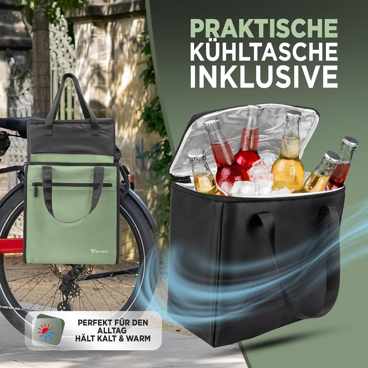 MIVELO 3-in-1-Fahrradtasche - Wasserdicht - Abnehmbare Kühltasche - 25L - Mint