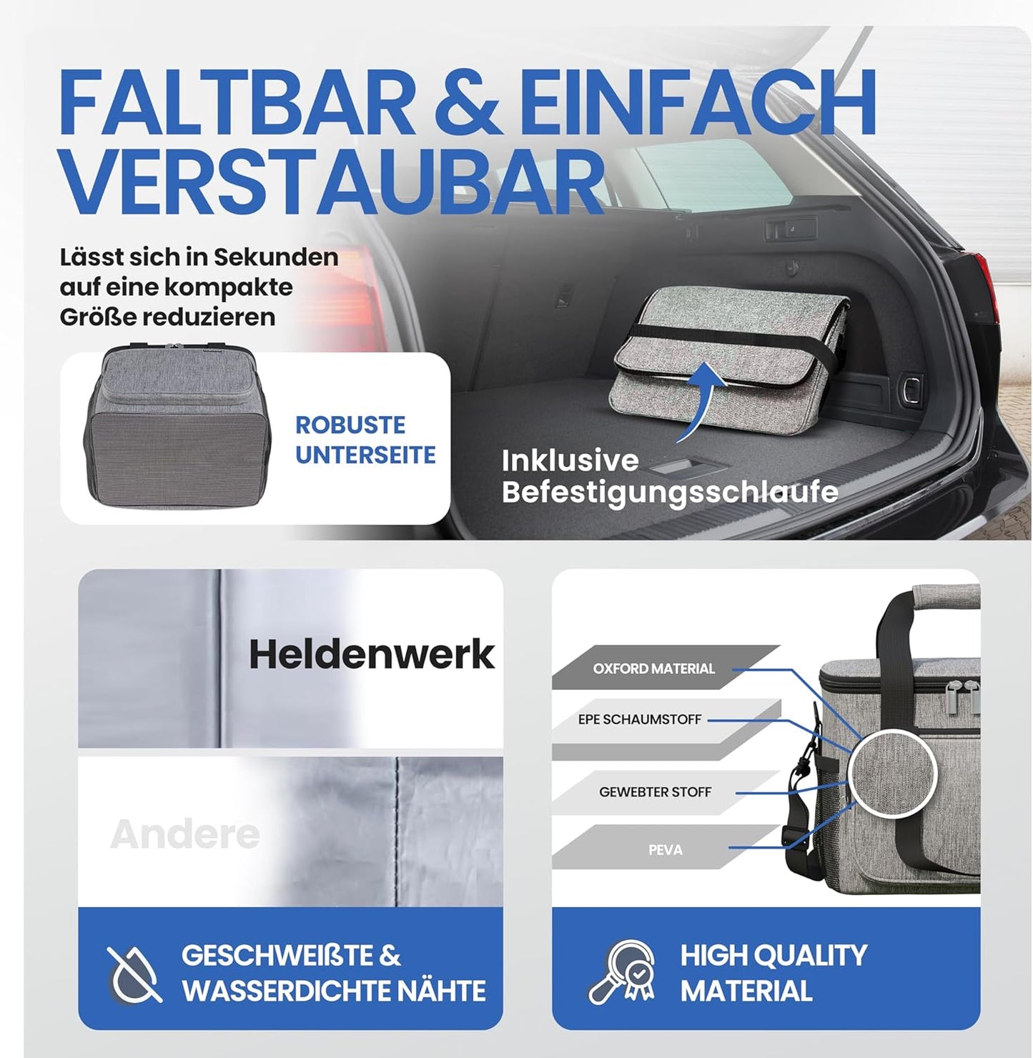 HELDENWERK Große Kühltasche, faltbar, isolierte Kühltasche, Thermotasche, auslaufsicher und wasserdicht, Picknick-Lunchbag, Frühstückstasche, Thermotasche, Isoliertasche - Grau