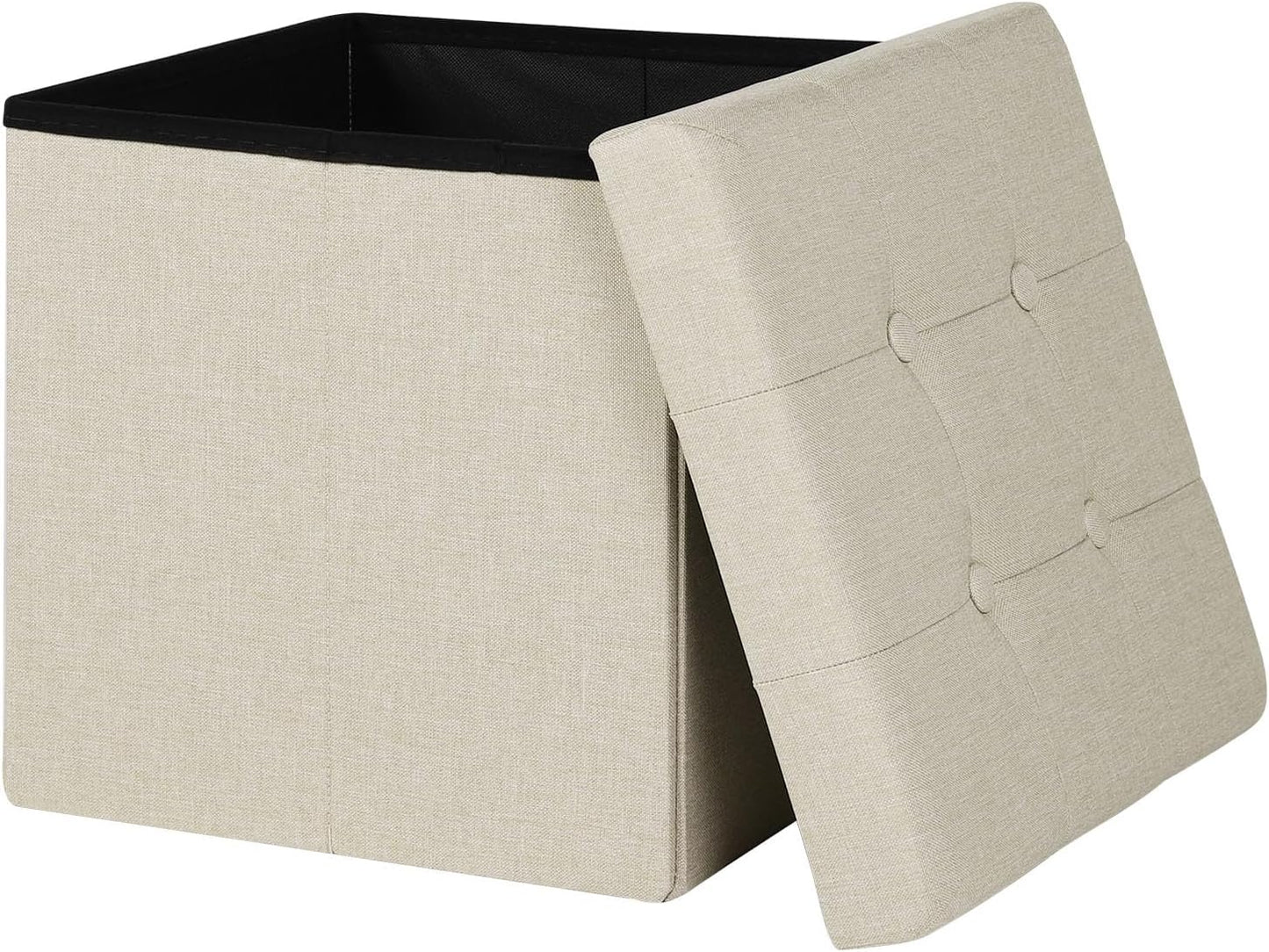 Woltu Faltbarer Aufbewahrungshocker mit Deckel - Off-white Leinen - 37.5 x 37.5 x 38 cm - Aufbewahrungshocker & Fußbank 35L