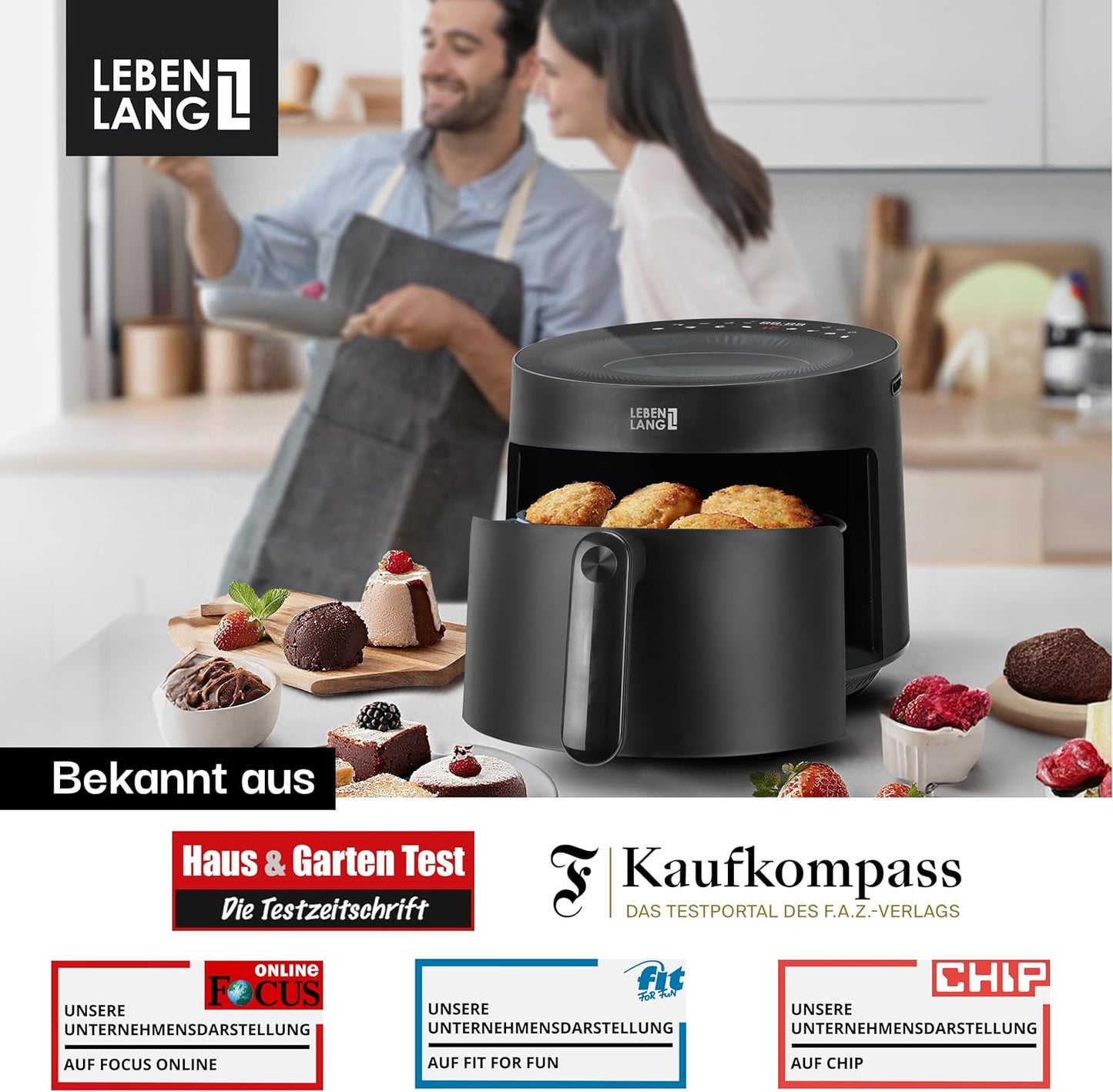 LEBENLANG Airfryer 5L & 1500W - 8 Programme - Inklusive Rezeptbuch - 45 x 30 x 27 cm - Schwarz