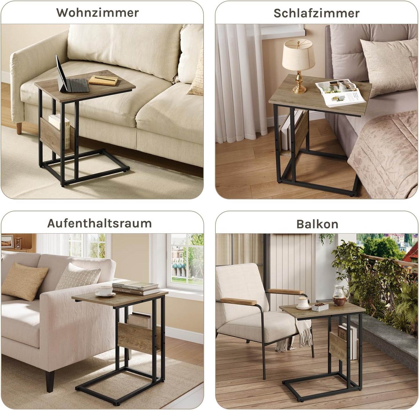 Woltu C-förmiger Beistelltisch mit Ablagegestell – graue Holzoptik – Metall – 55 x 36 x 59,5 cm