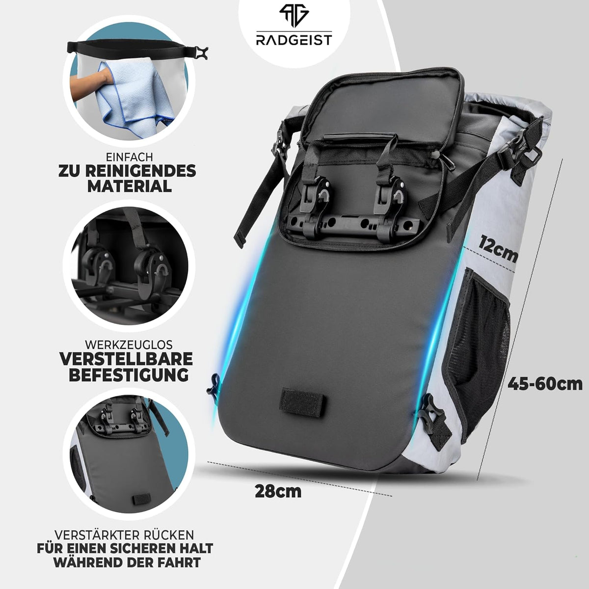 RADGEIST Fahrradtasche für Gepäckträger I Fahrradtasche & Rucksack I Tasche für Fahrrad 100% wasserdicht (reflektierend)