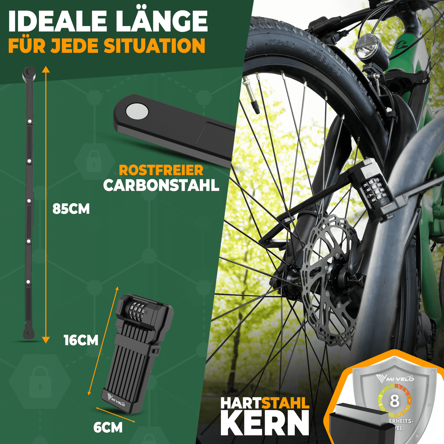 MIVELO - Faltschloss mit Zahlencode - Stahlkern - für Fahrräder & E-Bikes - 85cm