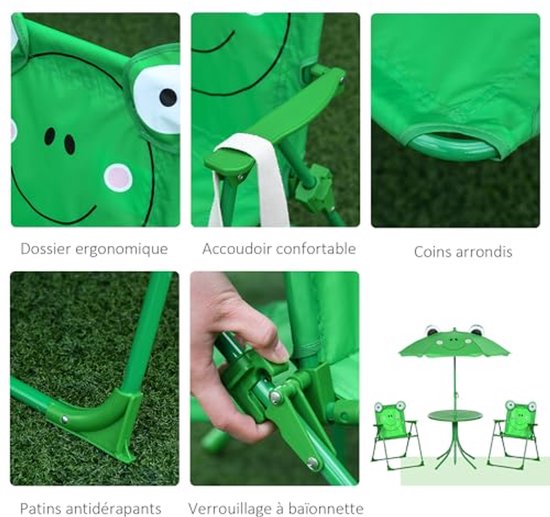 Gartenmöbel-Set für Kinder - 4-teiliges Frosch-Design mit rundem Tisch und Klappstühlen