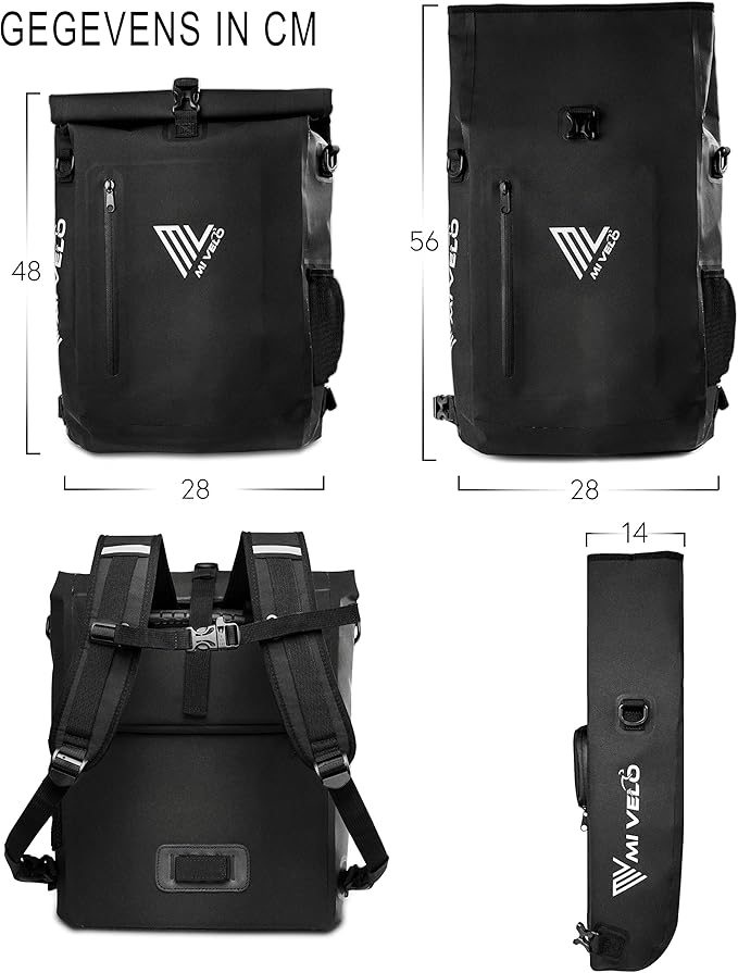 Mivelo 3 in 1 Fahrradtasche - Fahrradrucksack - Umhängetasche wasserdicht 100% PVC-frei, mit Laptopfach, Gepäckträgertasche für alle Arten von Fahrradträgern - Schwarz