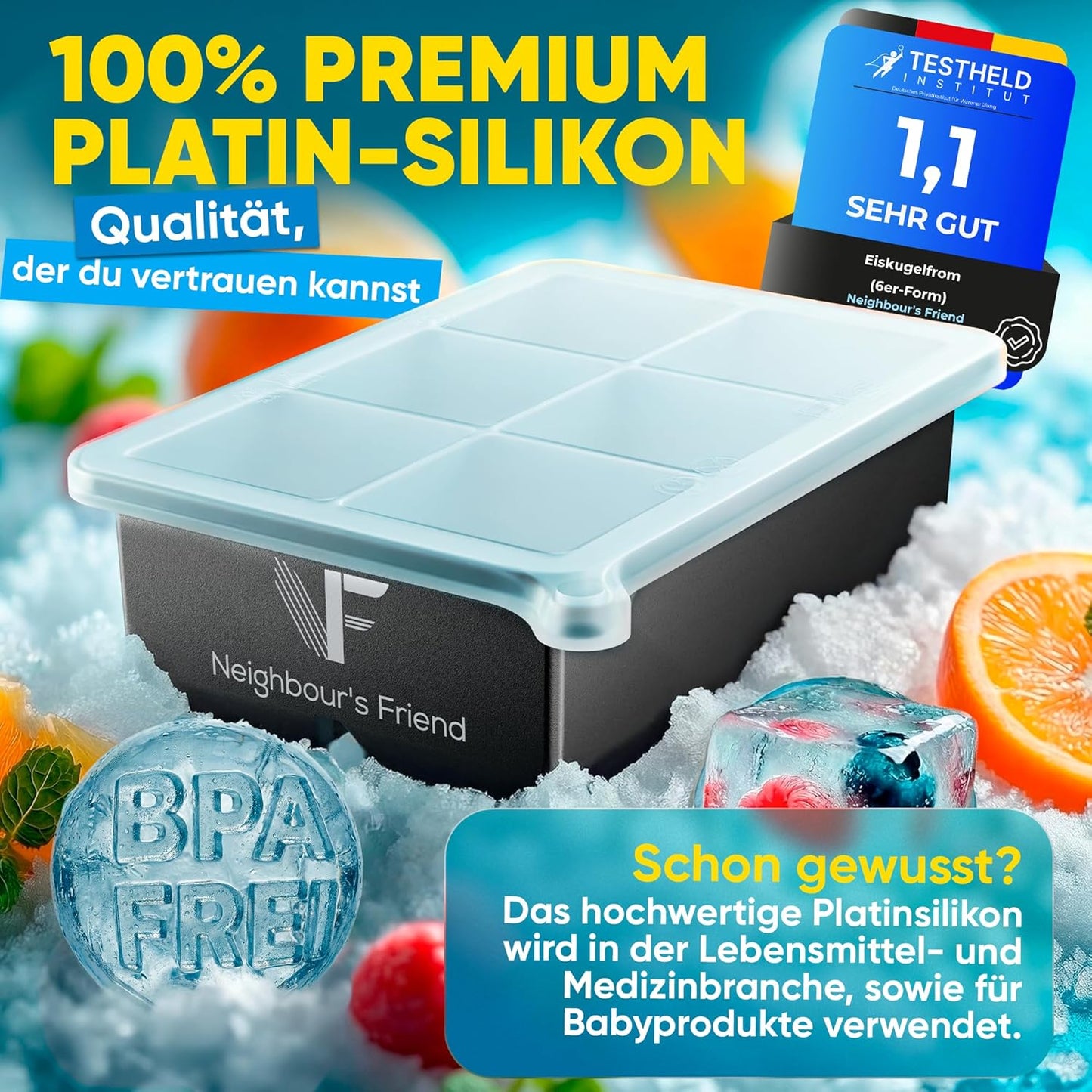 Neighbour's Friend - Patentierte XXL Eiswürfelform Platinum - runde große Eiswürfelform für Cocktails, Gin & Drinks - 6 Eiskugeln + 6 klassische Eiswürfel