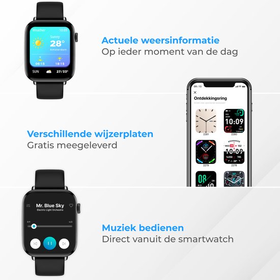 Nuvance - Smartwatch für Männer und Frauen mit Bluetooth - IP68 Wasserdicht - Geeignet für alle Smartphones - Schrittzähler und Herzfrequenzmesser - Schwarz