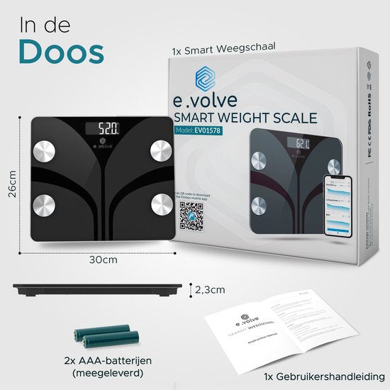 e.volve Waage Personenwaage Digital - 20x - Schwarz - Intelligente Waage mit Körperanalyse - Präzisionswaage - inkl. App