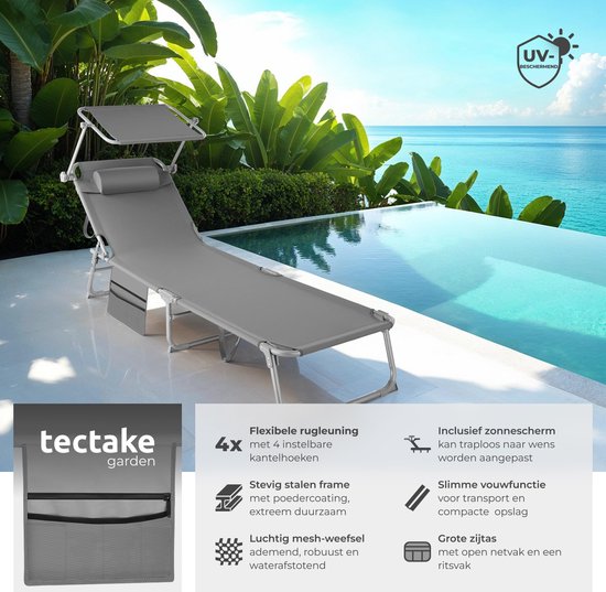 tectake® - Liege Sonnenliege Liege - 4 Positionen, klappbar - grau - 68 x 190 x 28 cm, mit Seitentasche