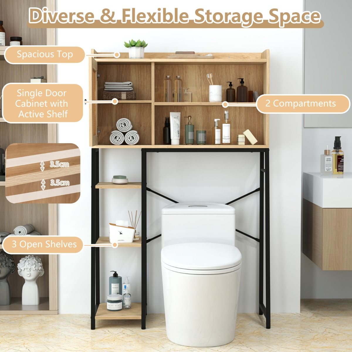 Coast Toilettenschrank 89x29x139 cm Natur - Freistehender Waschplatz mit PE-Rotan-Tür, Ablagefächern und verstellbarem Einlegeboden