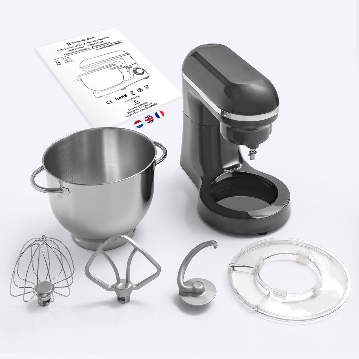 KitchenBrothers Küchenmaschine - Küchenmixer mit 6L-Edelstahl-Mixschüssel - Küchenroboter - 1400W - Anthrazit