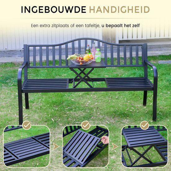 O'DADDY® Gartenbank mit Klapptisch - Gartenbank - Wetterfeste Bank - Gartenbänke - Bank für 2 oder 3 Personen - 150 x 60 x 87 cm - Schwarzes Metall