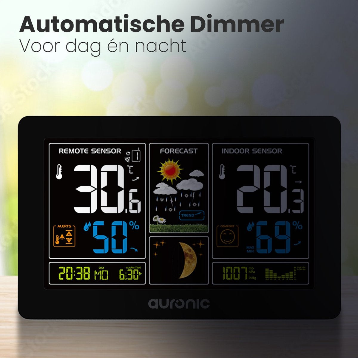 Auronic - Wetterstation - Funk mit Außensensor - Drahtlos - Innen/ Außen - 60M Reichweite - Schwarz