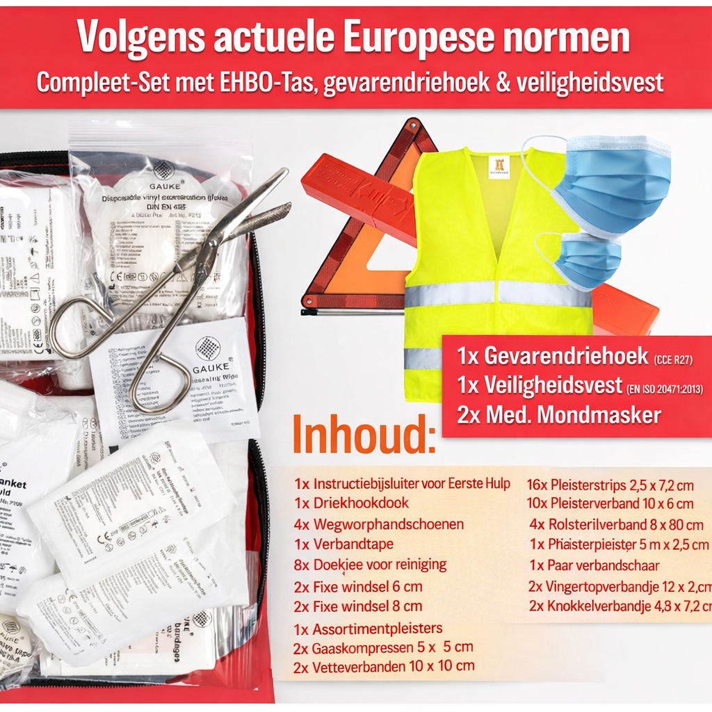 HELDENWERK Auto-Kombi-Tasche (3 in 1) nach aktueller Norm 2026 - inkl. Warndreieck, Warnweste - Verbandskasten Warndreieck-Set Auto-Verbandskasten DIN 13164:2022 (nach deutschem Verkehrsrecht)