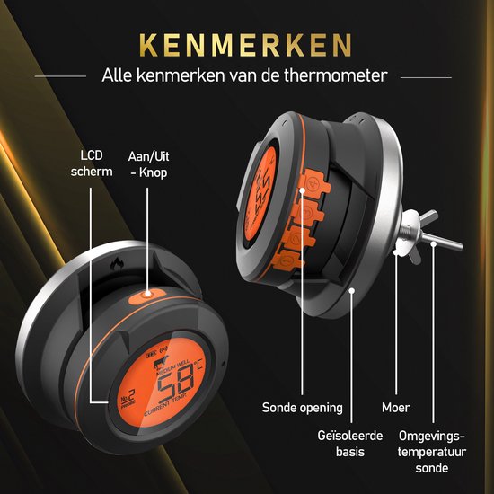 MostEssential AT-02 Fleischthermometer - Smart BBQ Thermometer - Inklusive Bluetooth, App & 2 Messfühler