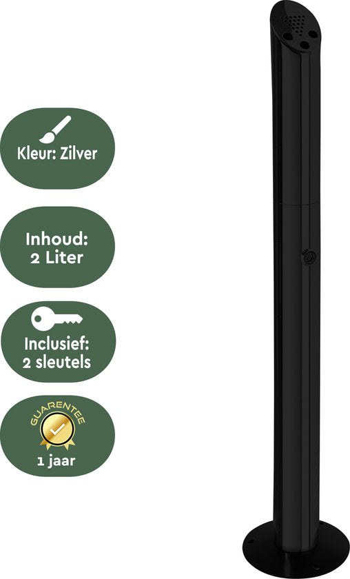 BRASQ Aschenbecher Upright Schwarz - 2 Liter Fassungsvermögen - Raucherstange, Buche Säule - 21x21x92 cm Upright Aschenbecher für den Innen- und Außenbereich