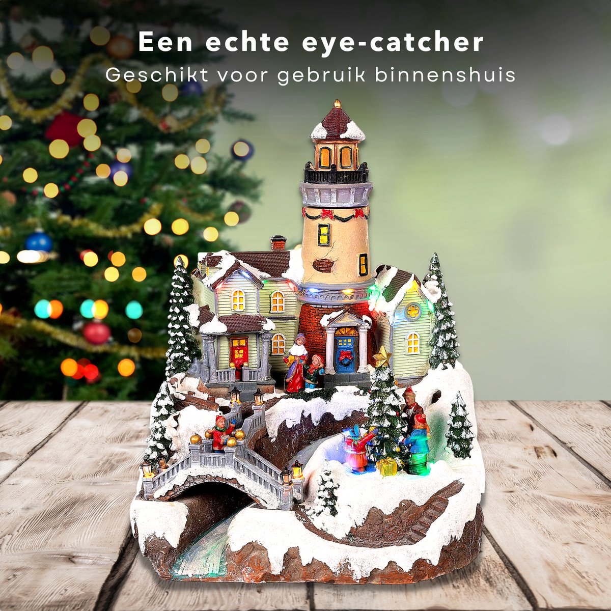 Cheqo Weihnachtsdorf mit drehbarem Weihnachtsbaum - LED Beleuchtung - 26x28x35 cm
