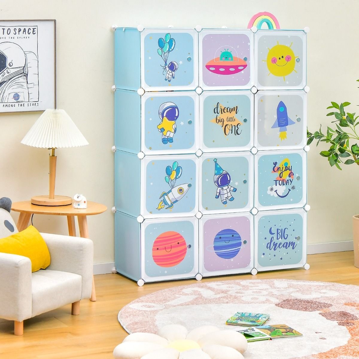 Kleiderschrank für Kinder Baby Kleiderschrank mit 2 hängenden Sektionen & 12 Würfel Cute Cartoon Kommode für Kinderzimmer Spielzimmer