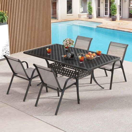 COSTWAY 4er-Set stapelbarer Gartenstühle, Stapelstühle mit Textil- und Metallgestell, Terrassenstühle mit Armlehnen, Balkonstühle, belastbar bis 150 kg, 56 x 70 x 84 cm, grau