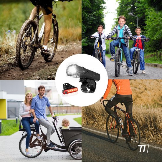 TIKKENS LED Fahrradlicht Set - USB wiederaufladbar - Vorderlicht & Rücklicht - MTB & Rennrad Beleuchtung - Wasserdicht - Schwarz