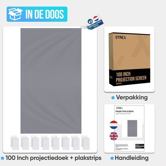 Strex Projektionswand - Rückprojektionswand - 100 Zoll - 16:9 - Projektionstuch - 160° Betrachtungswinkel - Inklusive Montagematerial - 220x120 CM